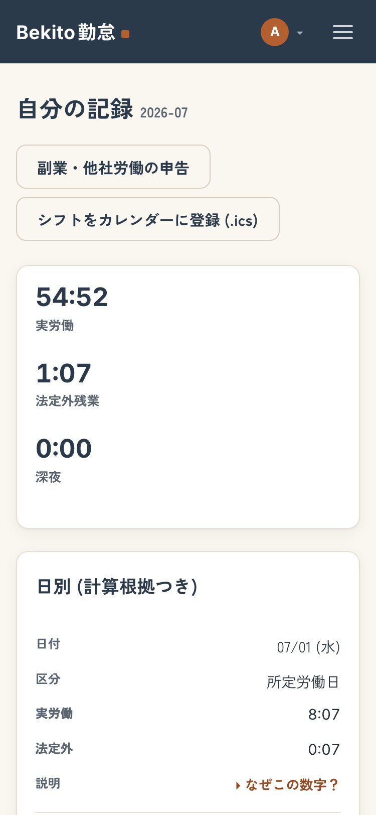 自分の勤怠記録画面