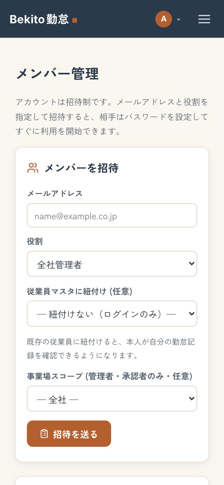 メンバーの招待と役割管理画面